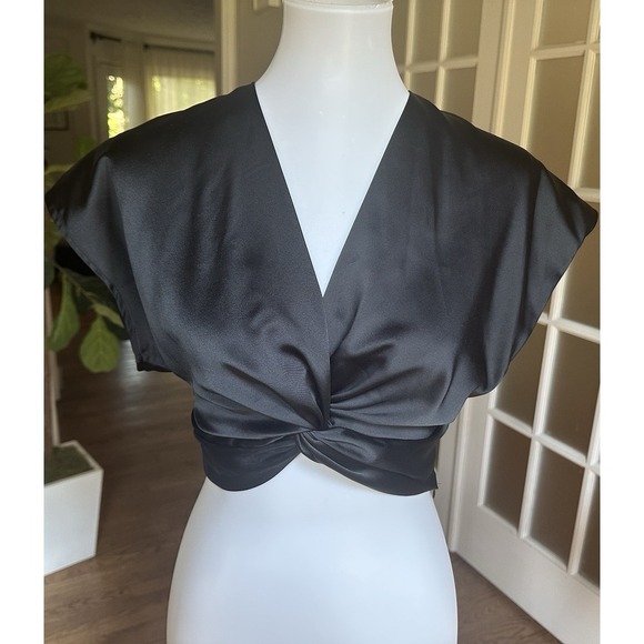 Zara Black Satin Crop Top Twist Front Open Back Tie Size Small S Party Evening - Picture 1 of 6